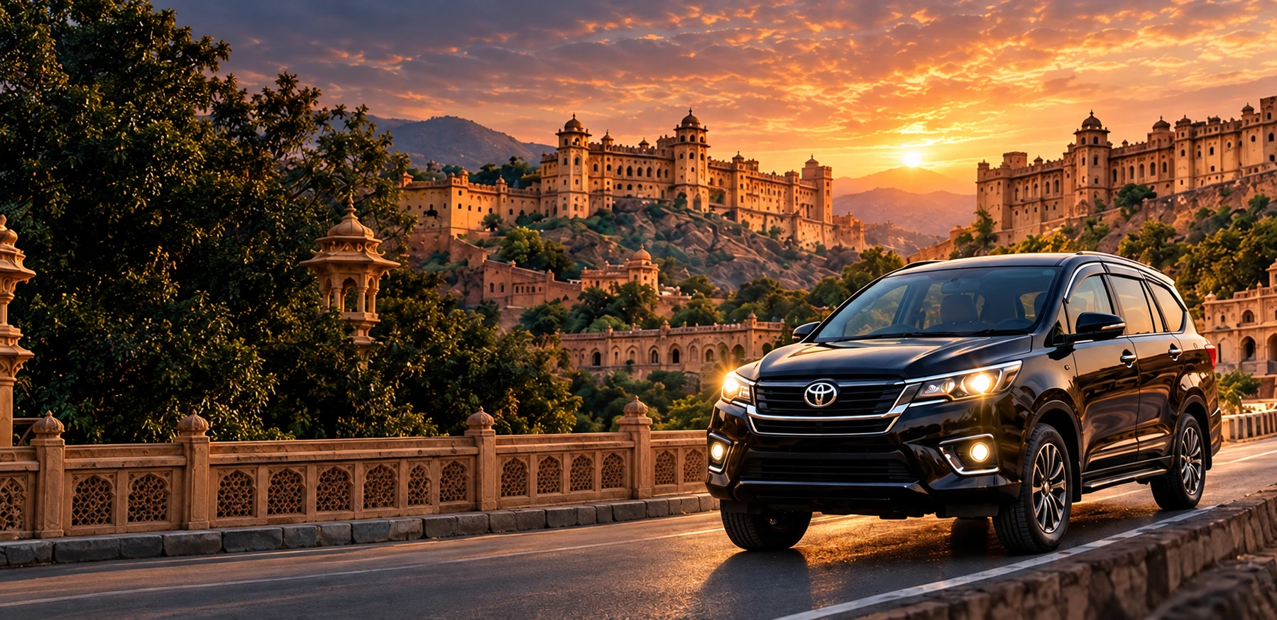 Golden sunset over Rajasthan forts and a black Toyota Innova on a palace road