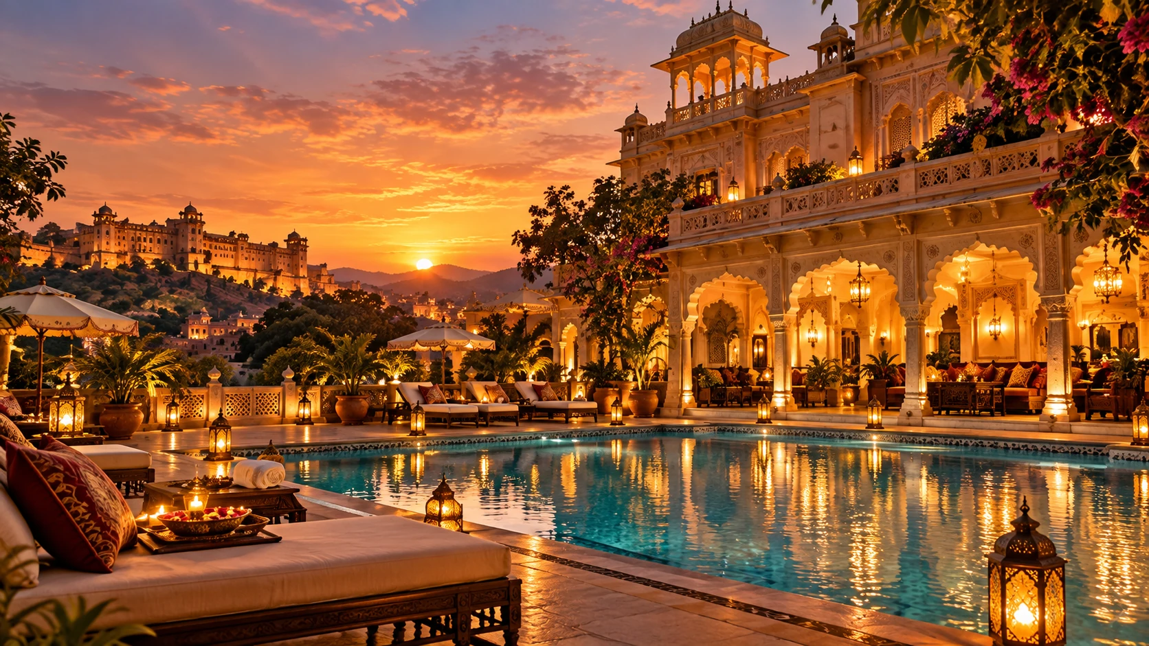 Illuminated Rajasthan heritage hotel and pool at night